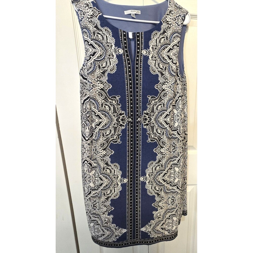 Studio One New York Medallion Sleeveless Dress Blue Pullover Plus 2X Stretch